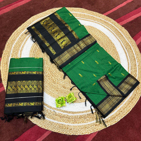 Green and Black Kalyani Silk Cotton Sari South Indian Saree S140