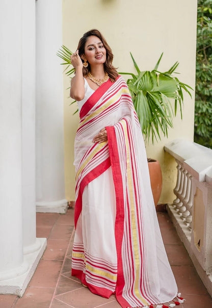MUL Cotton Sari Indian casual Saree Red White Gold C27