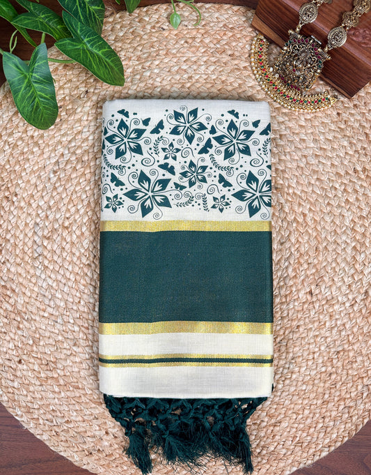 Teal Green Kerala Vishu Sari Indian Premium Cream Saree C7