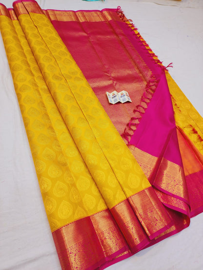 Bridal Kanchipuram Pure Silk Saree Yellow & Rani Pink Kanjivaram Sari| SPK112