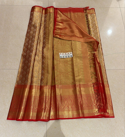 Bridal Tissue Kanchipuram Pure Silk Saree Gold & Red Kanjivaram Sari| SPK153