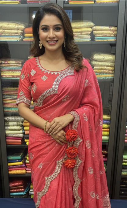 Watermelon Pink Fancy Party wear Sari Indian Saree Blouse Combo S86