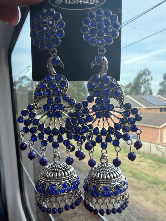 Royal Blue Oxidised Silver colour Indian Earrings Stylish Indian Jewellery E13