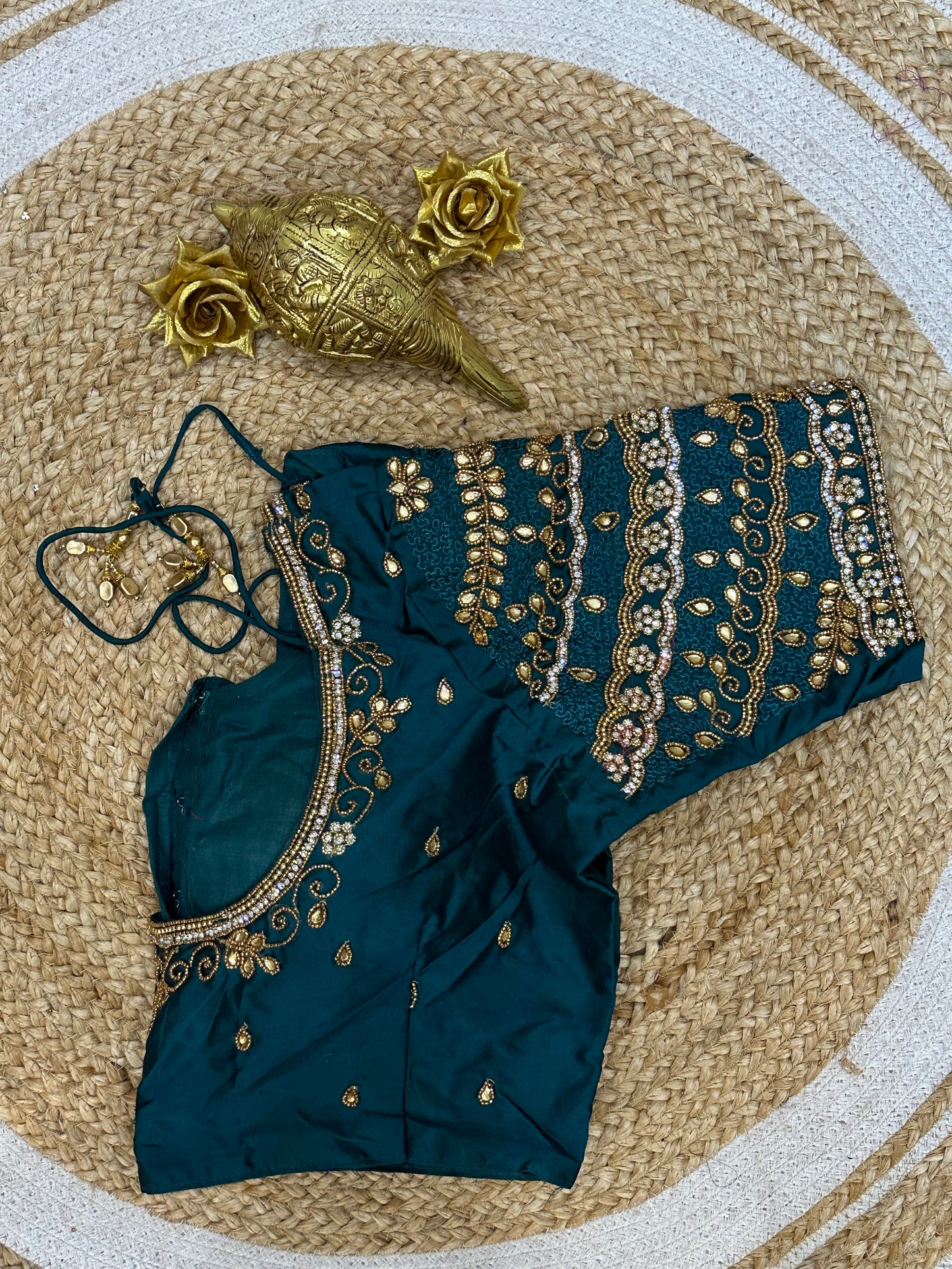 40” Size 10 Aari Worked Sari Blouse Indian Saree Top Silk Teal B69