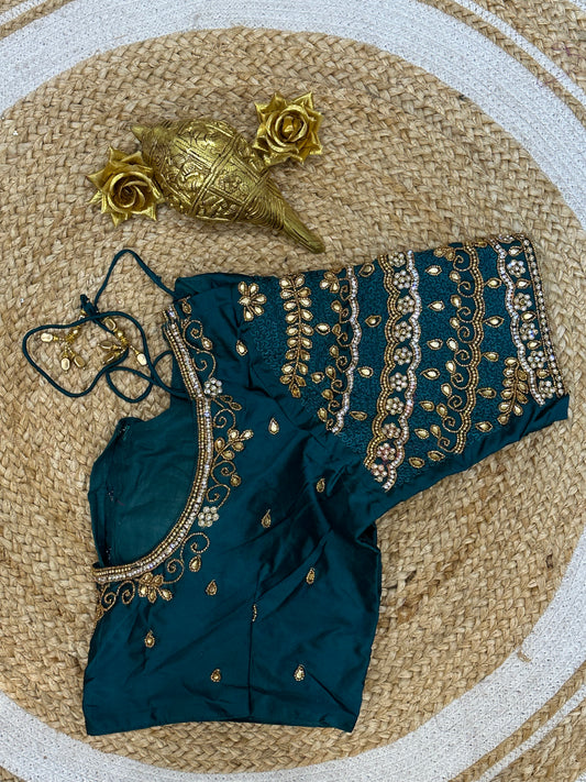 40” Size 10 Aari Worked Sari Blouse Indian Saree Top Silk Teal B69