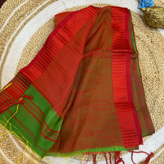 Red & Green Soft Cotton Linen Sari Indian Saree with temple border C1