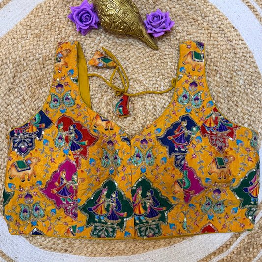 Mango Yellow Precision Printed 44” Size 14 Sari Blouse Indian Saree Top B407