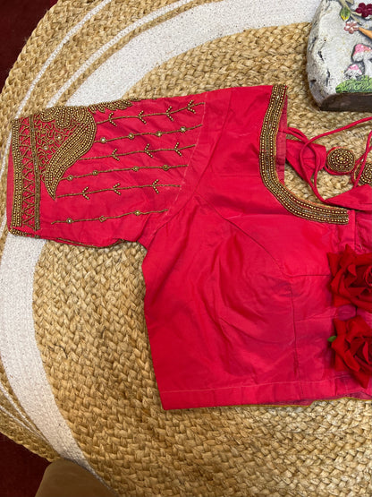 40” Bridal Aari hand Worked Sari Blouse Indian Top Choli Silk Red B38