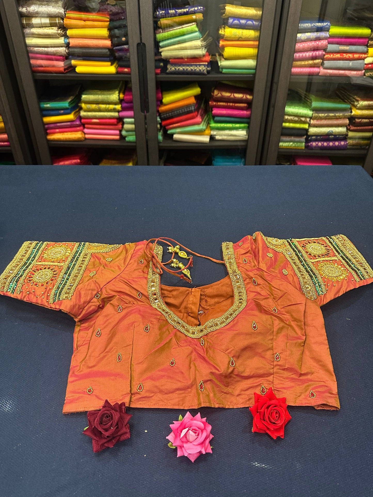 40” Aari hand Worked Sari Blouse Indian Top Choli Silk Rusty Orange B19