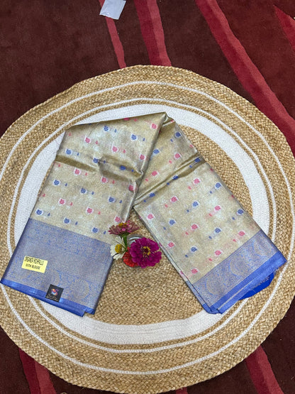 Tissue Silk brocade Sari Indian Fancy Saree Blue & Golden S18