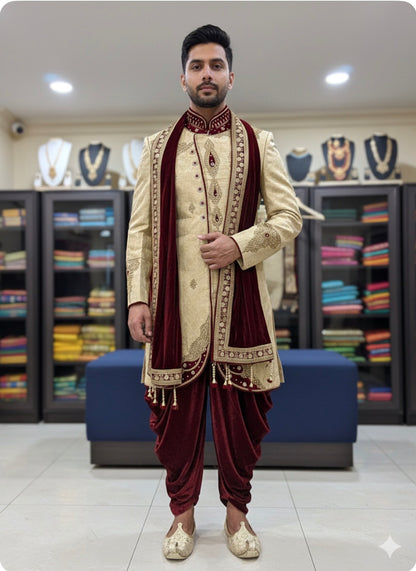 38” Medium size Men’s Kurta Indian Gold & Maroon Sherwani Bollywood outfit M12