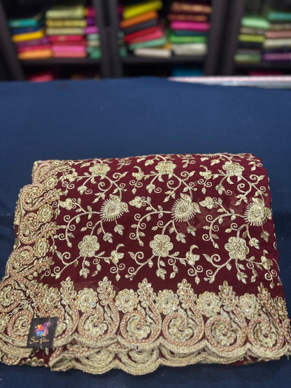 Maroon Fancy Party wear Georgette Pearl Sari Indian Saree S46