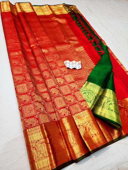 Kanchipuram Pure Silk Saree Bridal Red Green Kanjivaram Sari SPK265