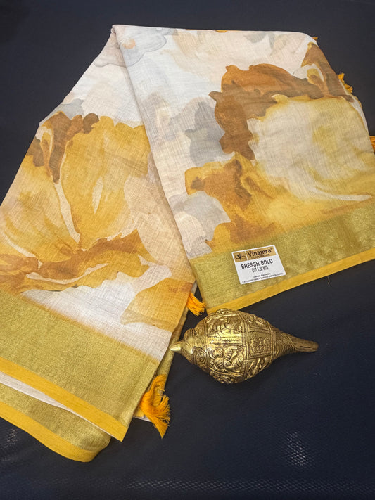 White & Yellow Digital Printed Linen Sari Indian casual Saree C5