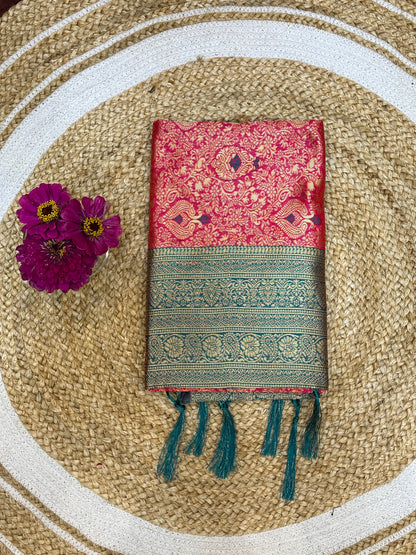 Art Silk Sari Indian Fancy Saree Red & Teal S73