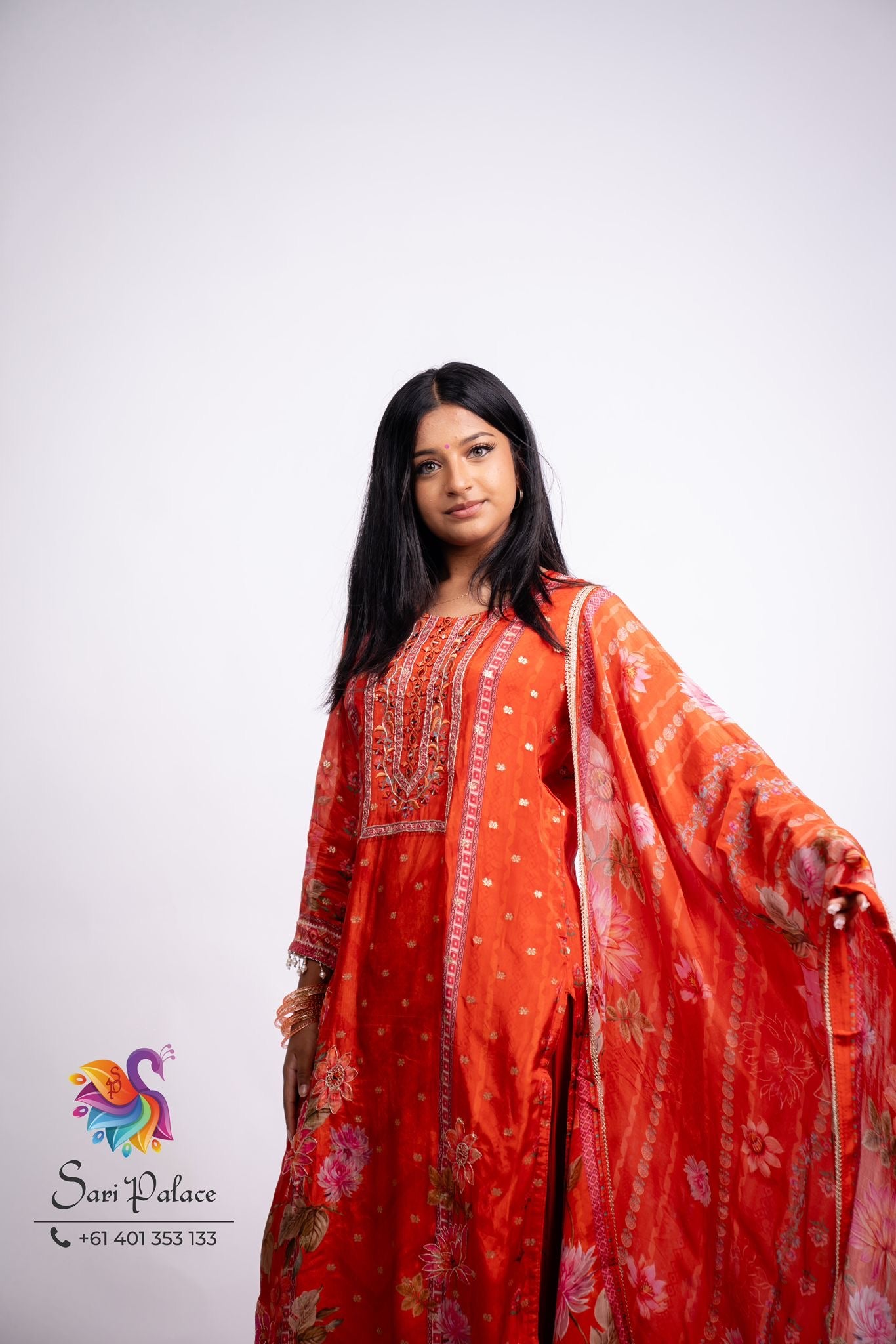 Orange Floral Indian Pakistani Outfit Salwar Kameez Kurti Suit EID SS41