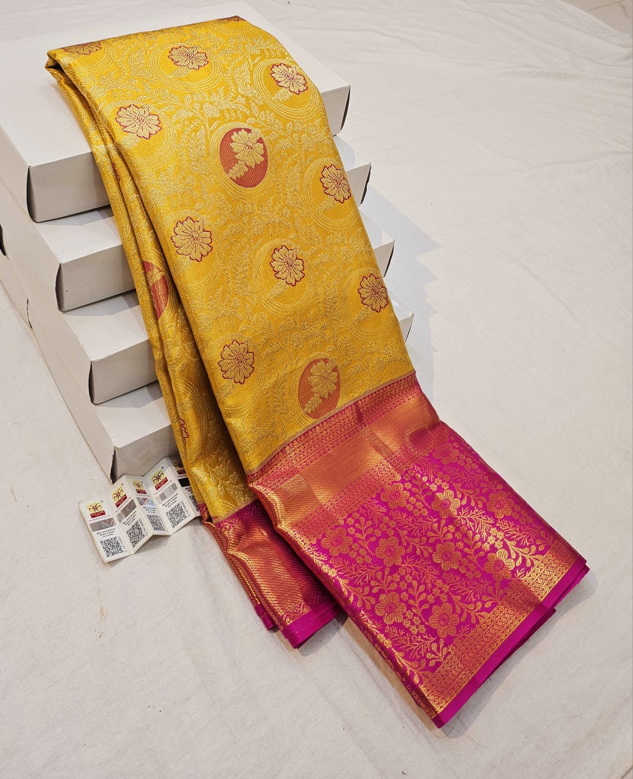 Kanchipuram Pure Silk Saree Bridal Yellow Kanjivaram Sari SPK243