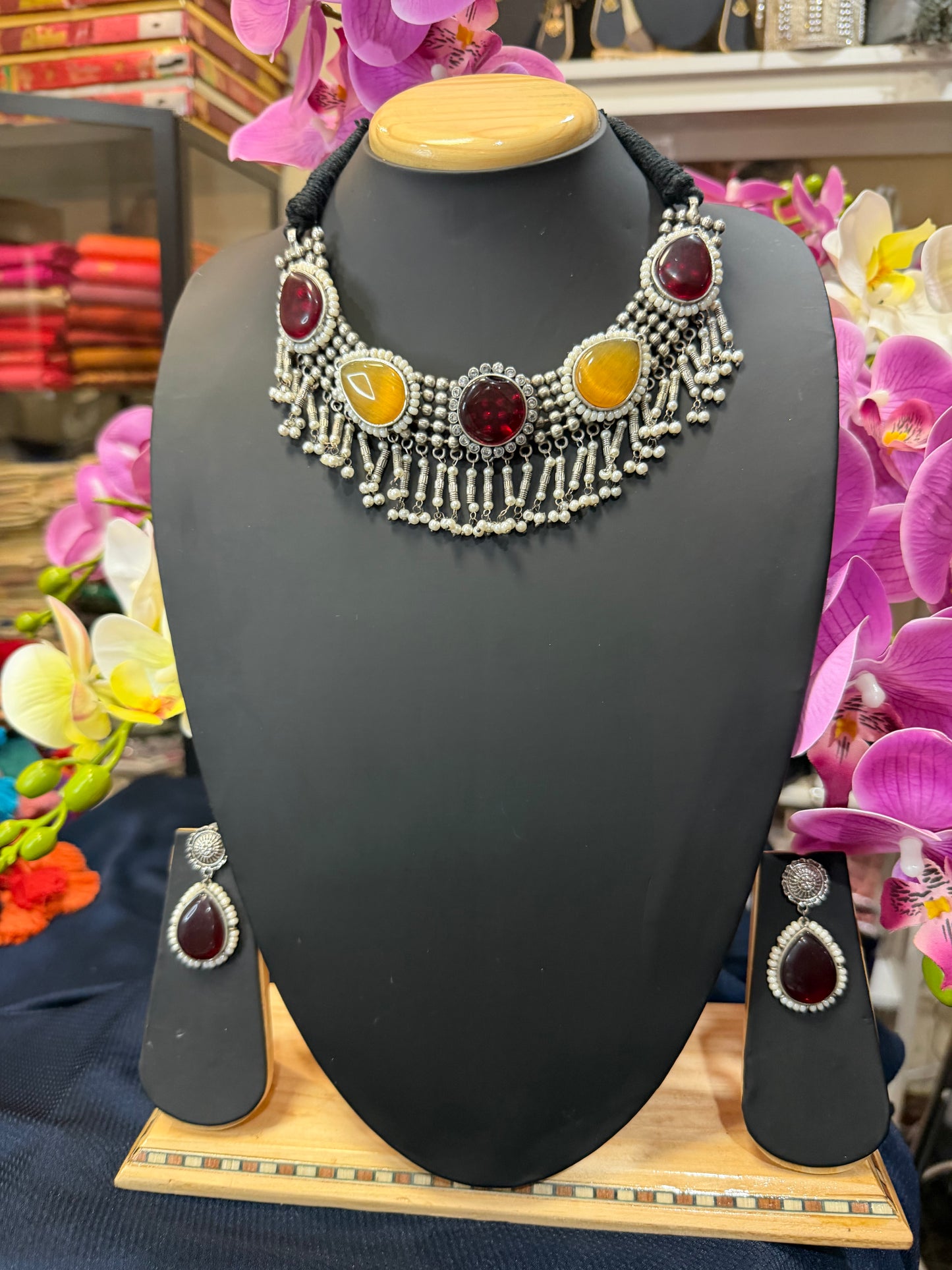 Handmade Brass Necklace with Silver polish Indian Tribal Maroon Yellow Jewellery N97