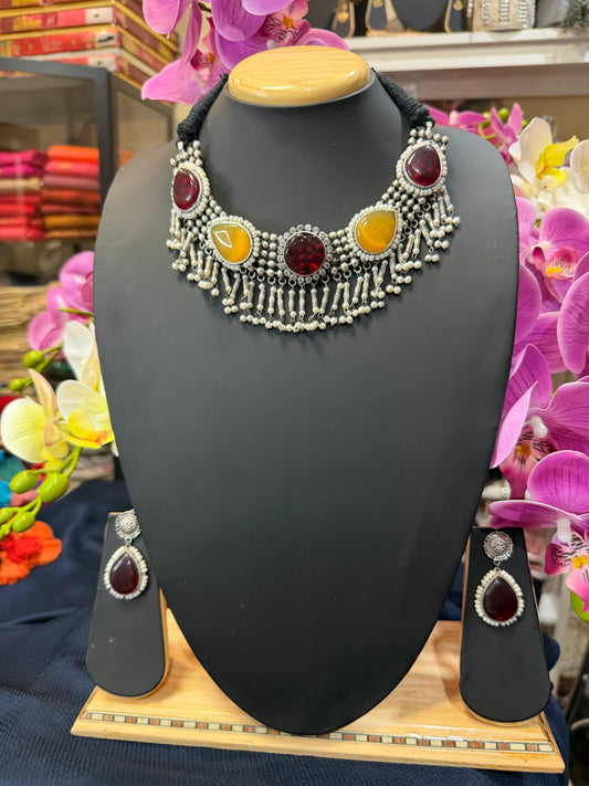 Handmade Brass Necklace with Silver polish Indian Tribal Maroon Yellow Jewellery N97
