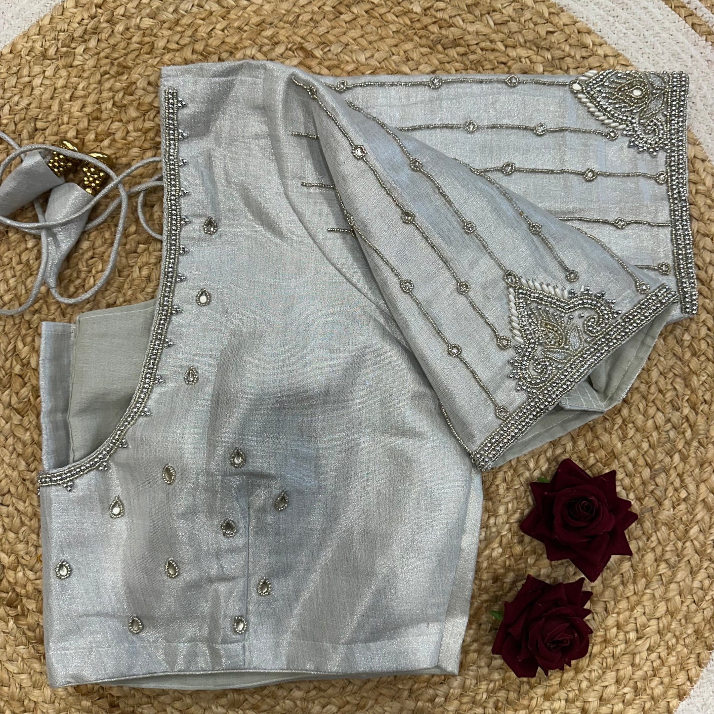 46” Size 16 Aari Worked Sari Blouse Indian Saree Top Silk Silver B413