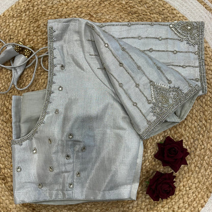 46” Size 16 Aari Worked Sari Blouse Indian Saree Top Silk Silver B413
