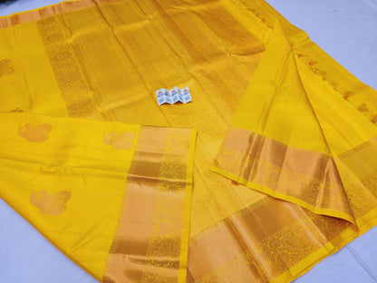 Kanchipuram Pure Silk Saree Yellow with Copper Kanjivaram Sari| SPK186