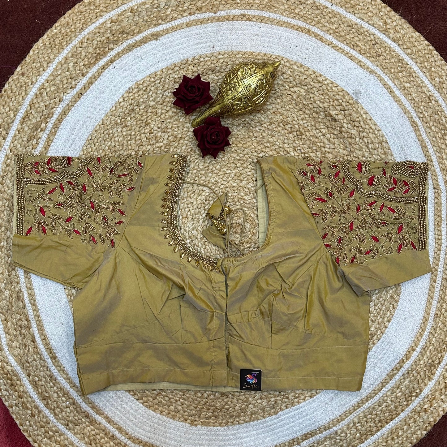 44” Size 14 Aari Worked Sari Blouse Indian Saree Top Gold B263