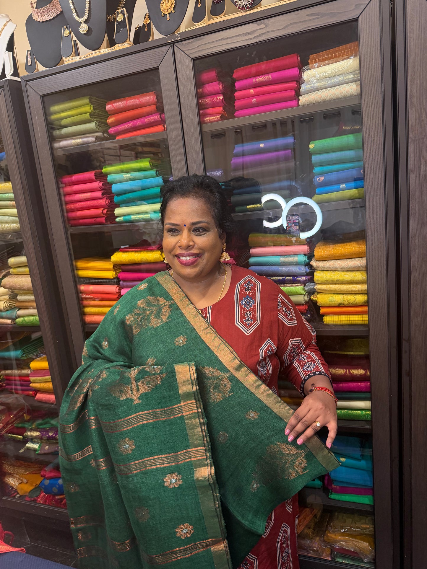 Silk Cotton Linen Sari Indian Saree Copper Jari Green S131