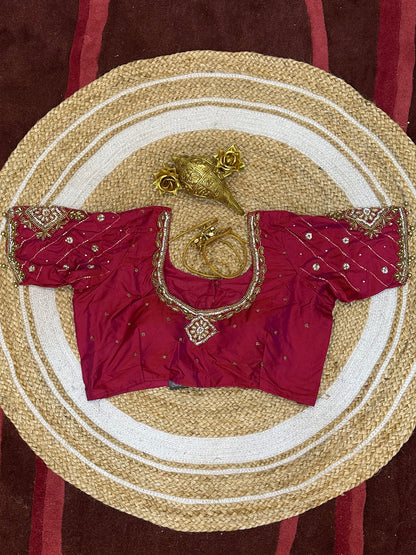 40” Size 10 Aari Worked Sari Blouse Indian Saree Top Silk Pinkish Red B73