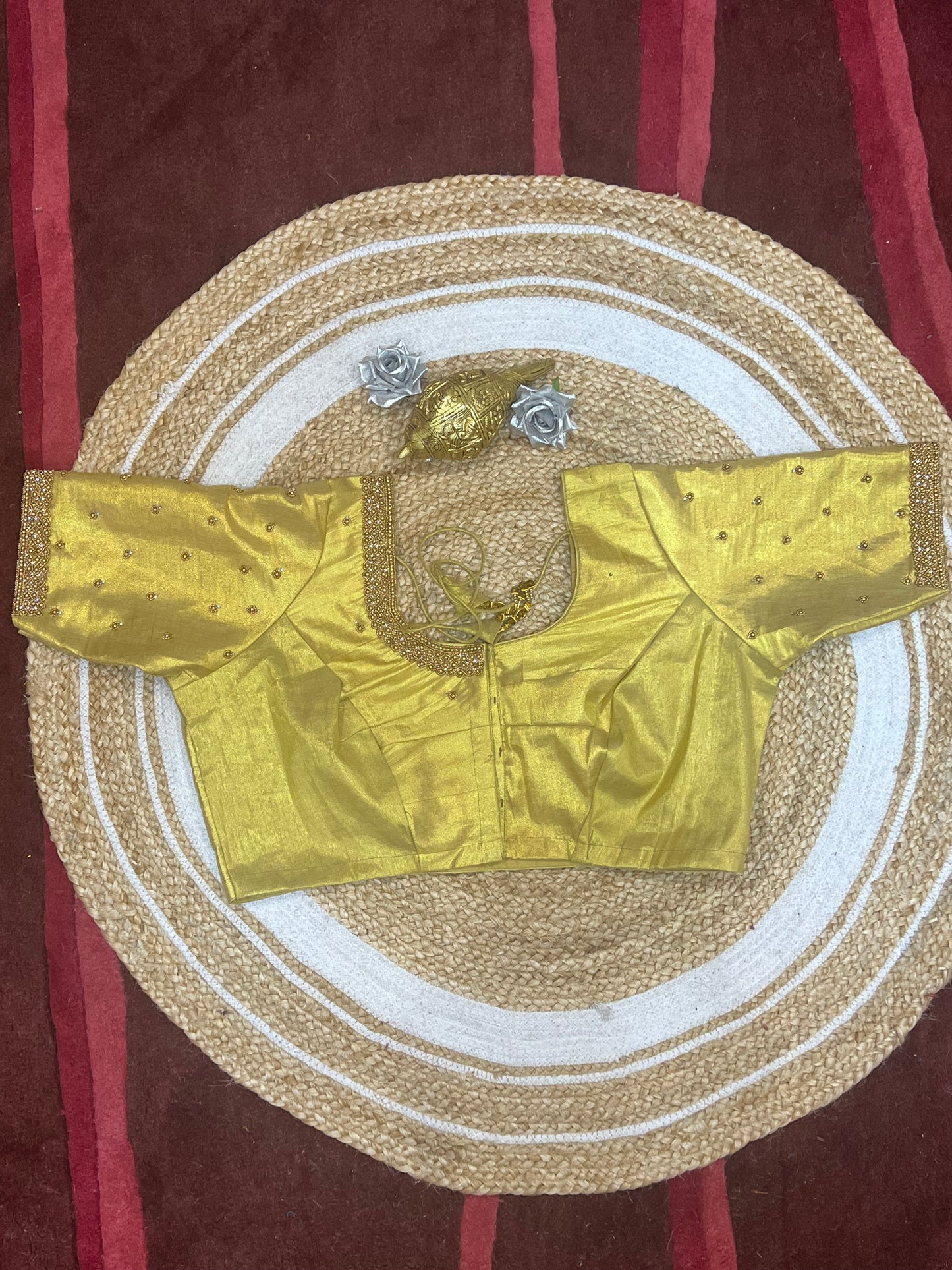 48” Size 18 Aari Worked Sari Blouse Indian Saree Top Silk Gold B127