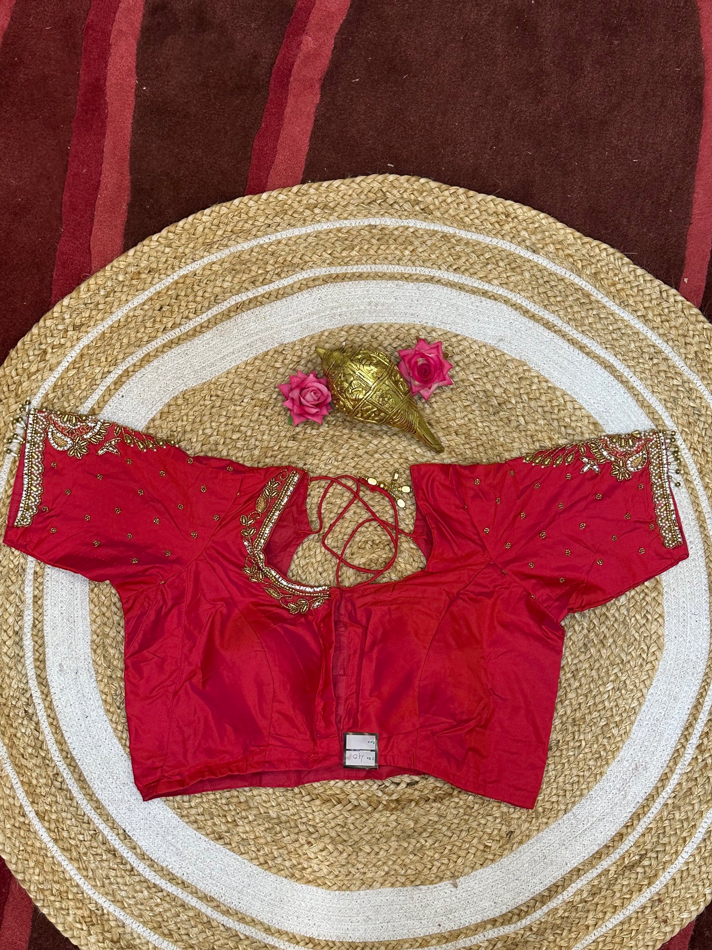 40” Size 10 Aari Worked Sari Blouse Indian Saree Top Silk Red B91