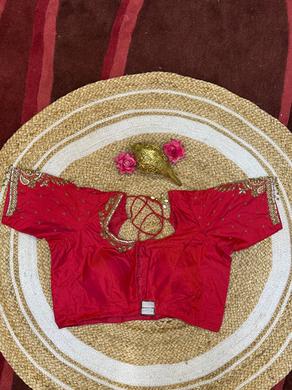 40” Size 10 Aari Worked Sari Blouse Indian Saree Top Silk Red B91