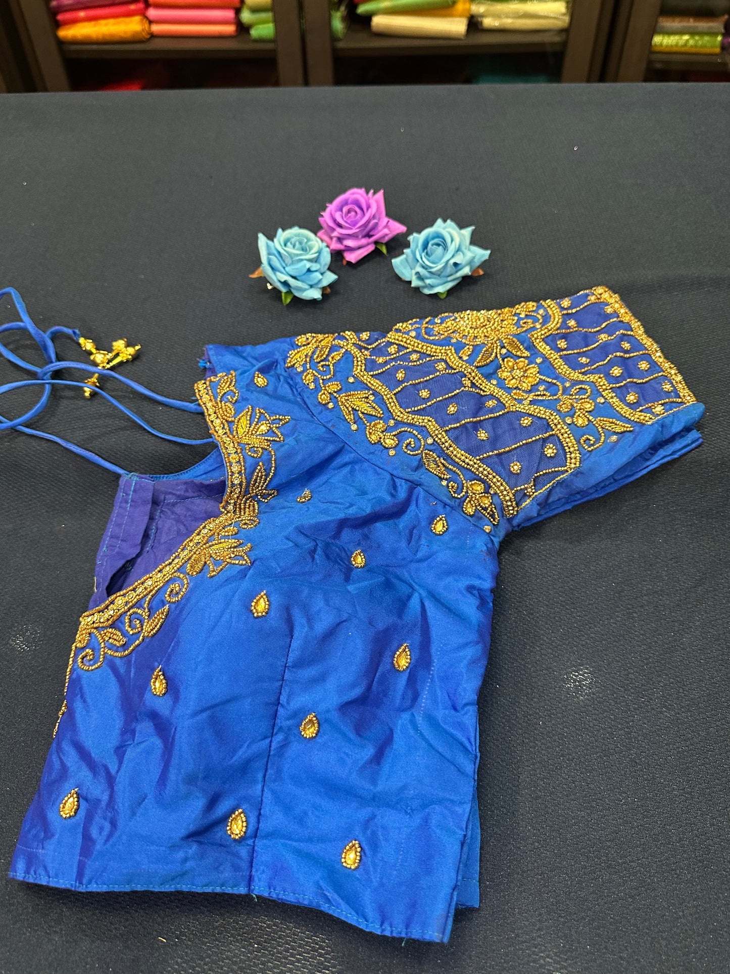 40” Aari hand Worked Sari Blouse Indian Top Choli Silk Blue B4