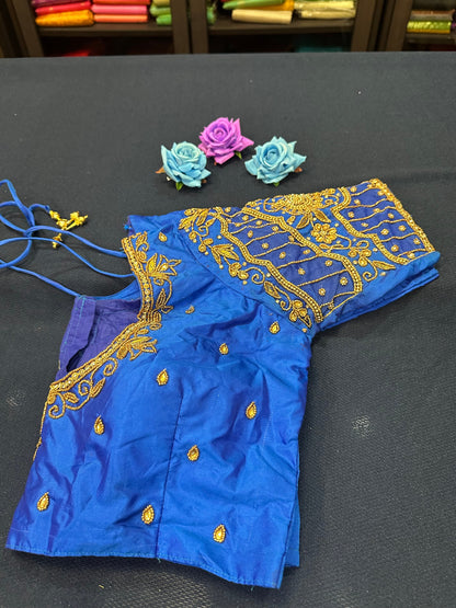 40” Aari hand Worked Sari Blouse Indian Top Choli Silk Blue B4