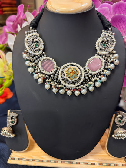 Handmade Brass Necklace with Silver polish Indian Tribal Pink Jewellery N91