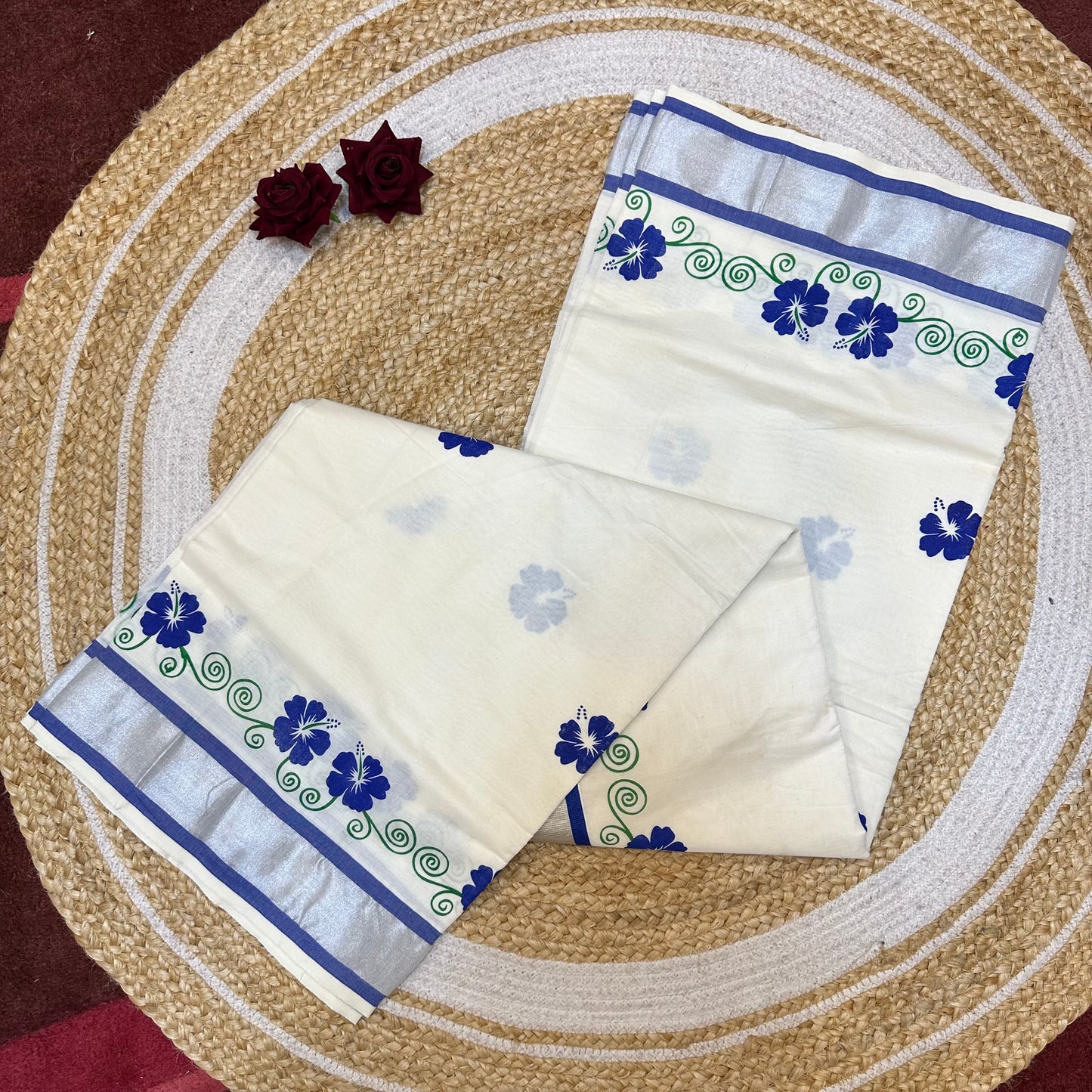 Red Kerala Vishu Sari Indian hand Printed Kasavu Onam Saree C19