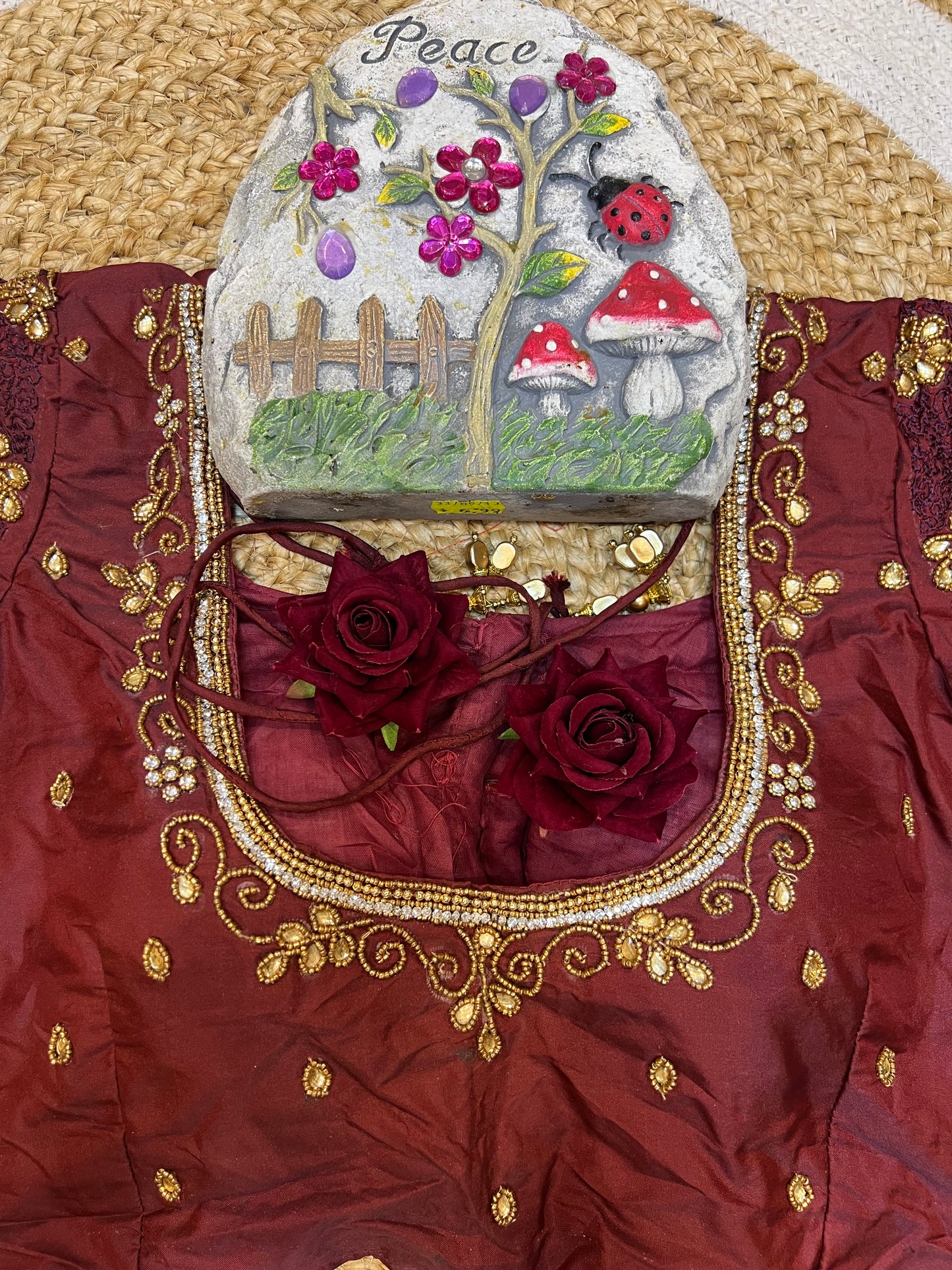 40” Aari hand Worked Sari Blouse Indian Top Choli Silk Maroon B30