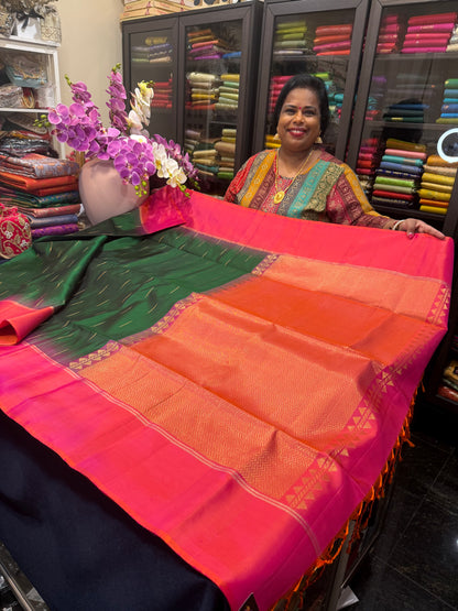 Kanchipuram Soft Silk Saree Pure Silk Sari Green Orange Colour | SS2