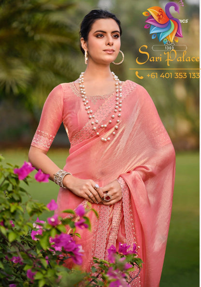 Peach Indian Fancy Party wear Saree Fendi Silk Sari S138