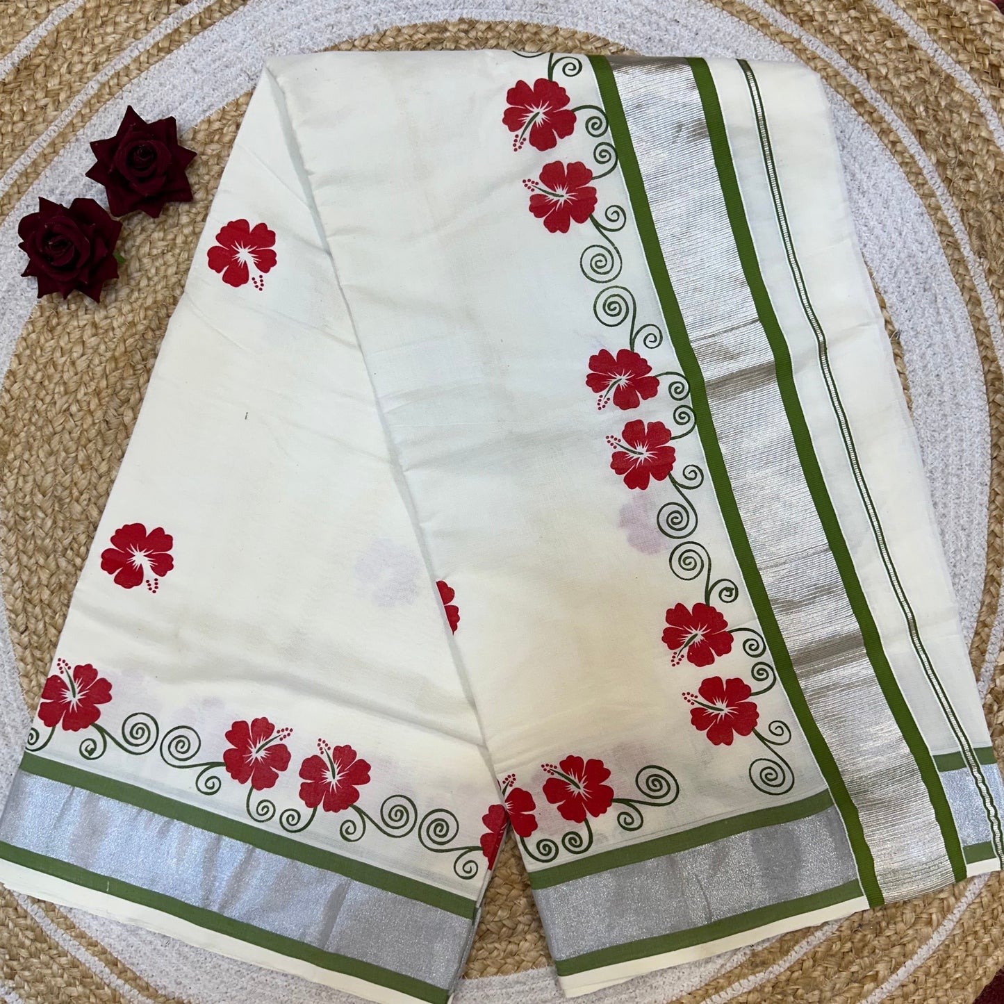 Red Kerala Vishu Sari Indian hand Printed Kasavu Onam Saree C19