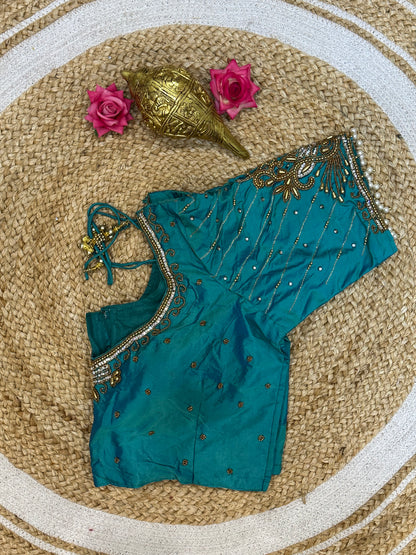 40” Size 10 Aari Worked Sari Blouse Indian Saree Top Silk Teal Green B90