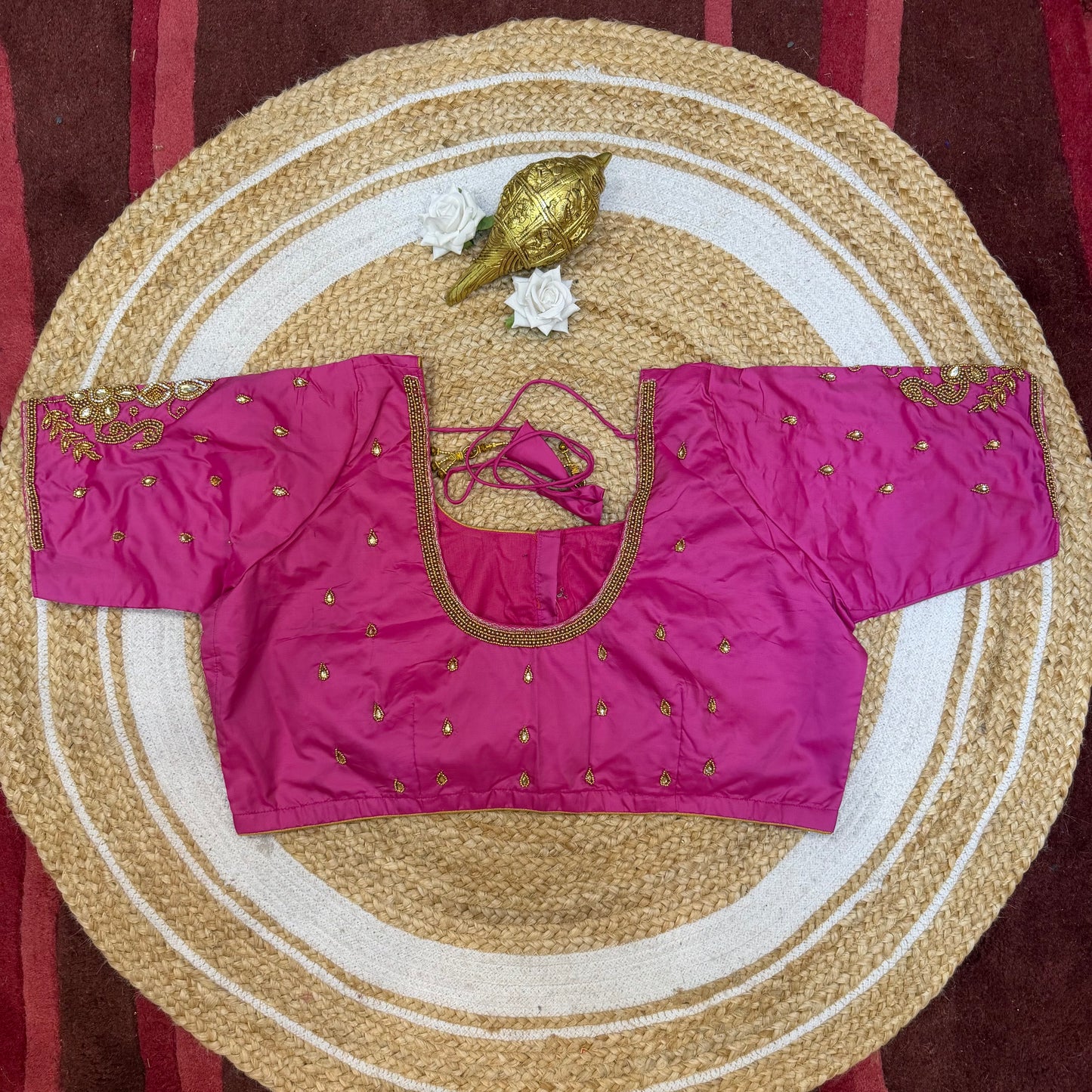 46” Size 16 Aari Worked Sari Blouse Indian Saree Top Silk Hot Pink B222