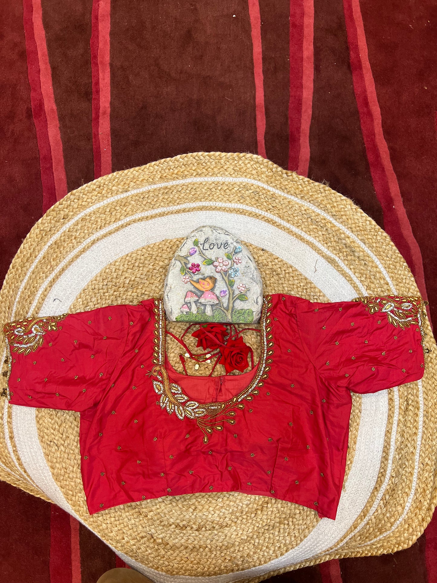 40” Aari hand Worked Sari Blouse Indian Top Choli Silk Red B31