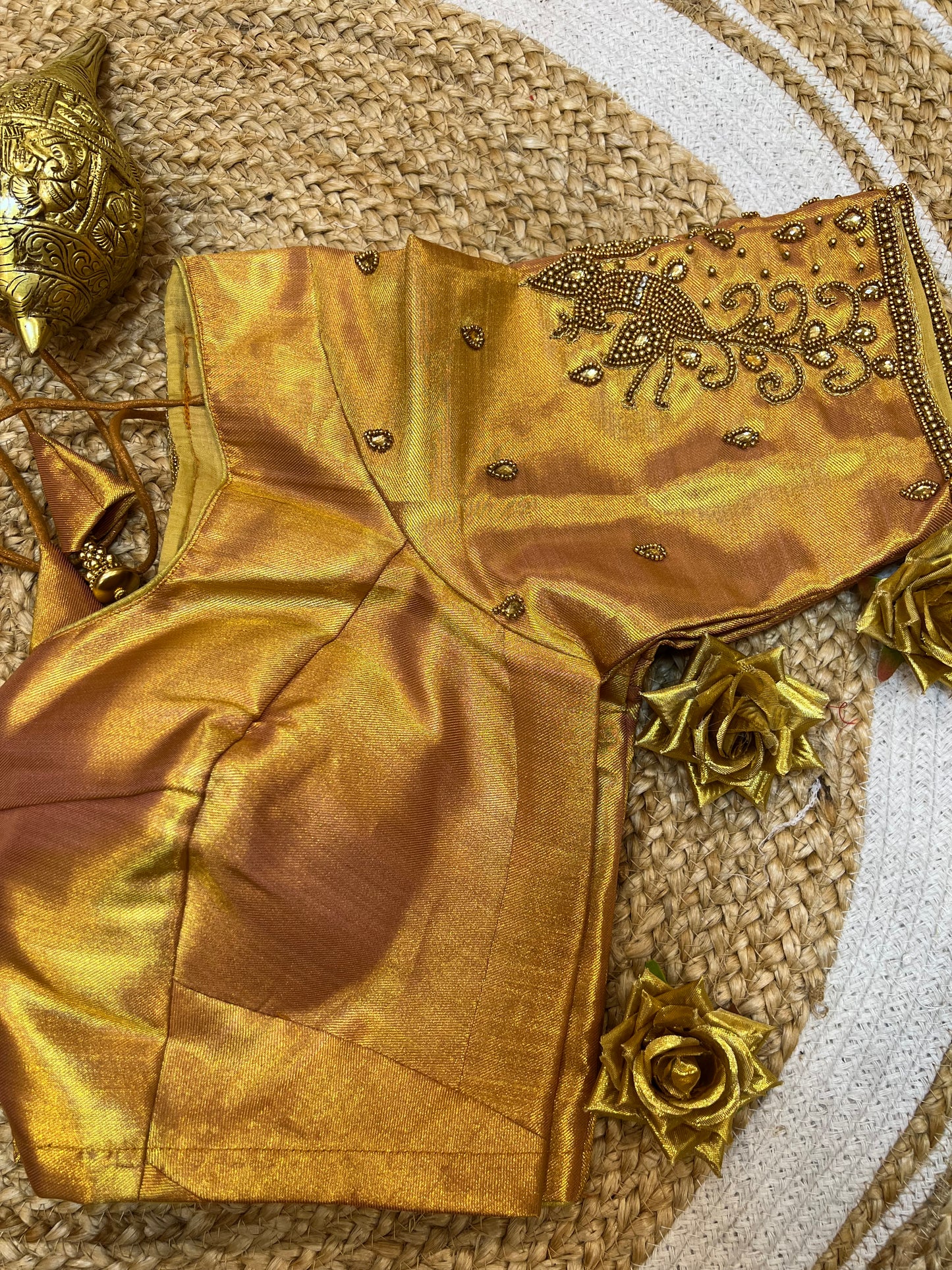 40” Aari hand Worked Sari Blouse Indian Top Choli Silk Gold B45