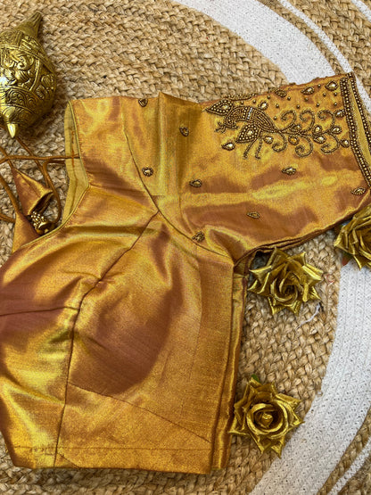 40” Aari hand Worked Sari Blouse Indian Top Choli Silk Gold B45