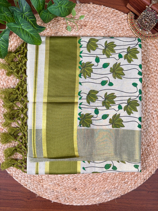 Mehendi Green Lotus Kerala Vishu Sari Indian Onam Tissue hand Painted Saree C10