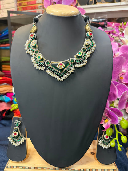 Handmade Brass Necklace with Silver polish Indian Tribal Green Jewellery N94