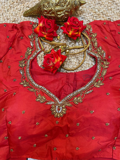 40” Bridal Aari hand Worked Sari Blouse Indian Top Choli Silk Red B36