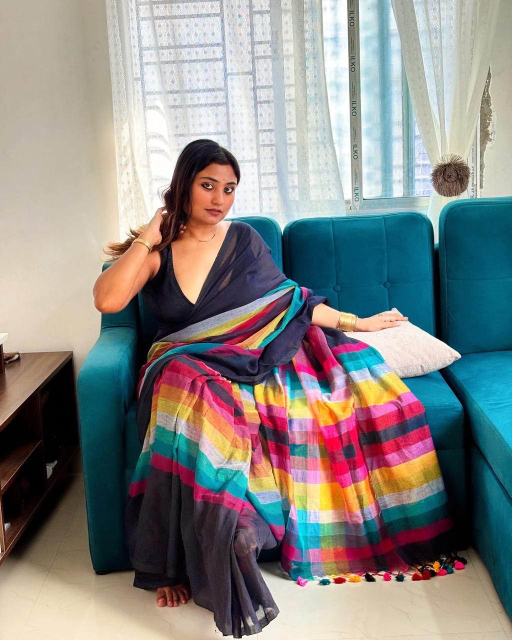 MUL Cotton White Rainbow Sari Indian casual Saree C25