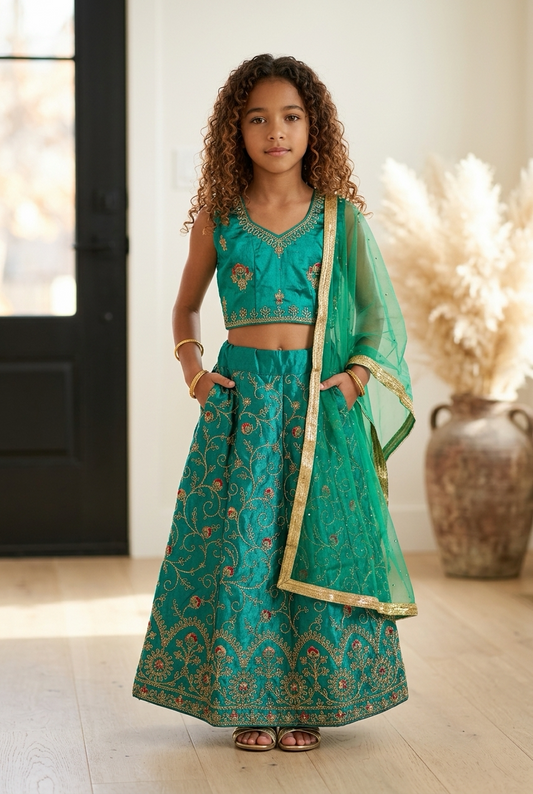 28” Size Age 5 to 6 Green Indian Lehenga Pavadai Sattai Skirt Top Lahenga G81